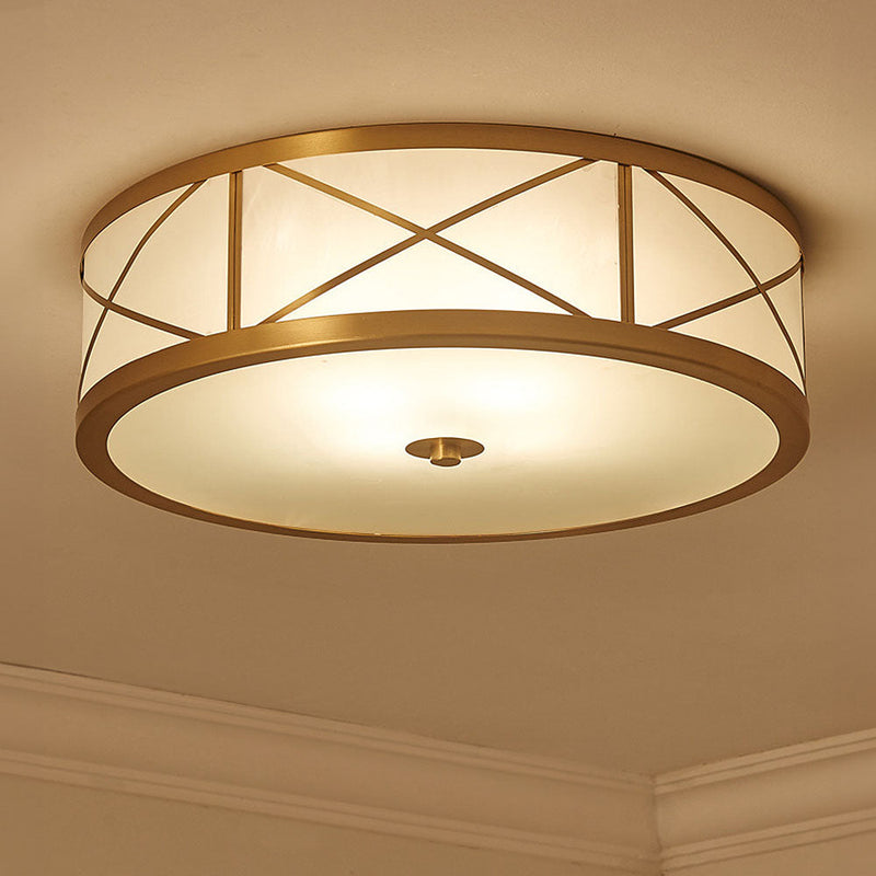 Loftlampe med tromleskærm i geometrisk glas – antik loftbelysning