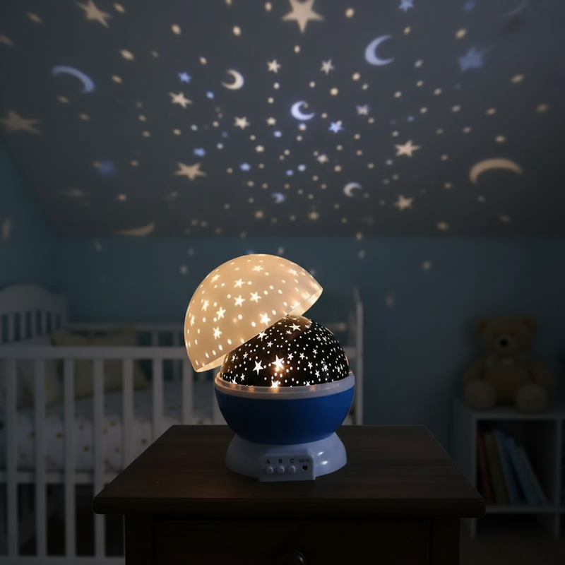 Projektorlampe med stjerner og måne – natlampe med musik, fjernbetjening og roterende effekt