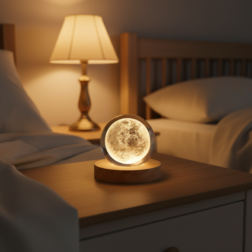 Natlampe med krystalkugle – 3D-lampe med planet- og månemotiv