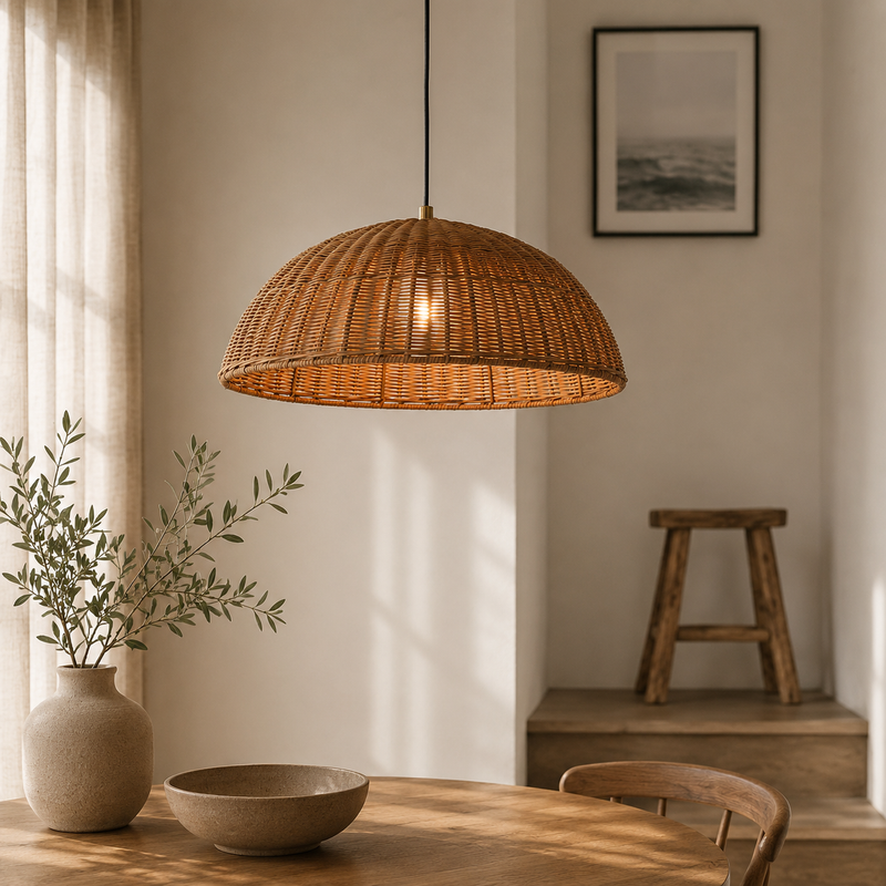 Rattanpendel med kuppelform – retro hængelampe til spisestuen