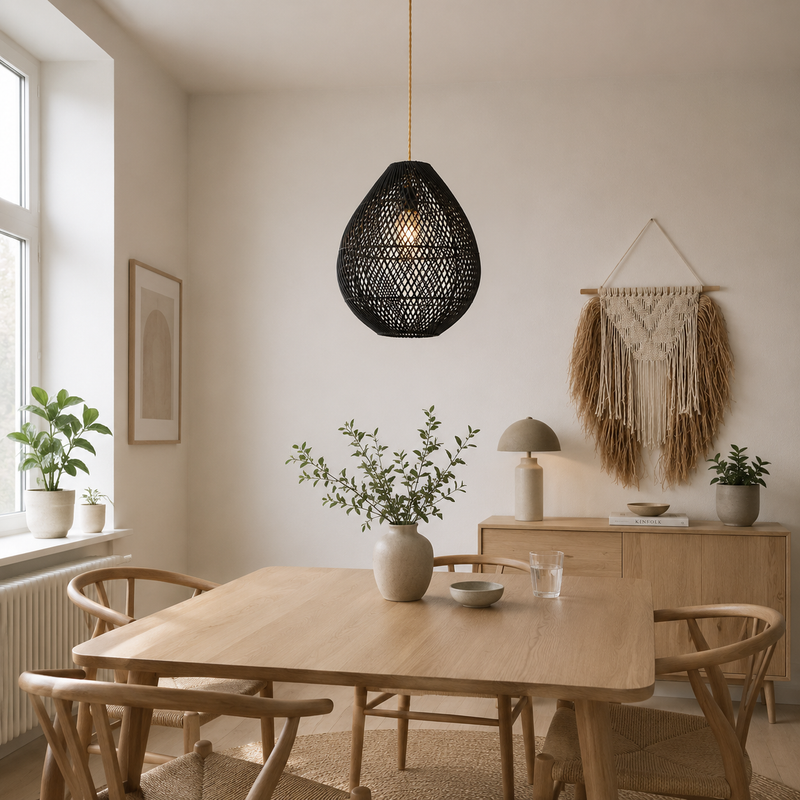 Rattanpendel – boho sort håndflettet hængelampe
