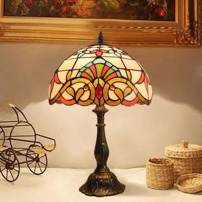 Bordlampe i Tiffany-glas med justerbar hals – art deco skrivebordslampe