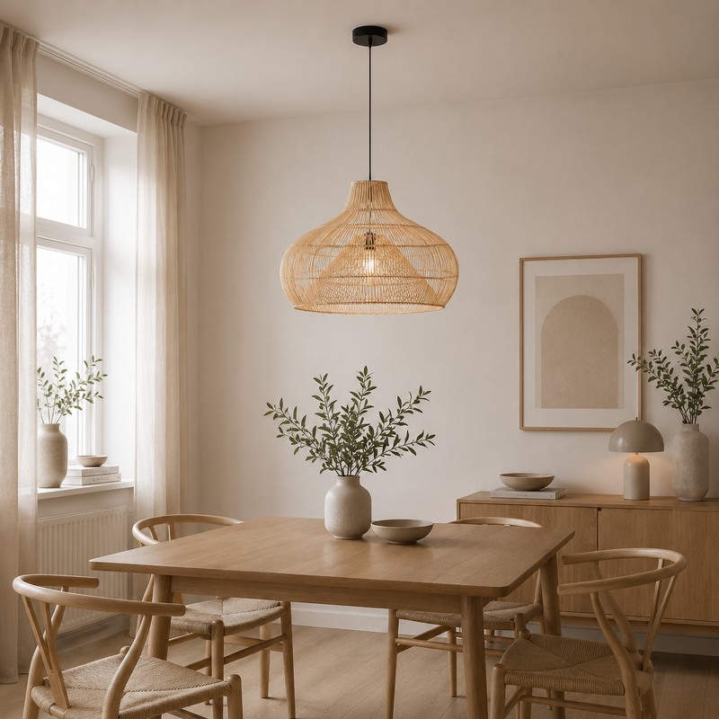 Rattanpendel – boho håndflettet hængelampe til køkkenøen
