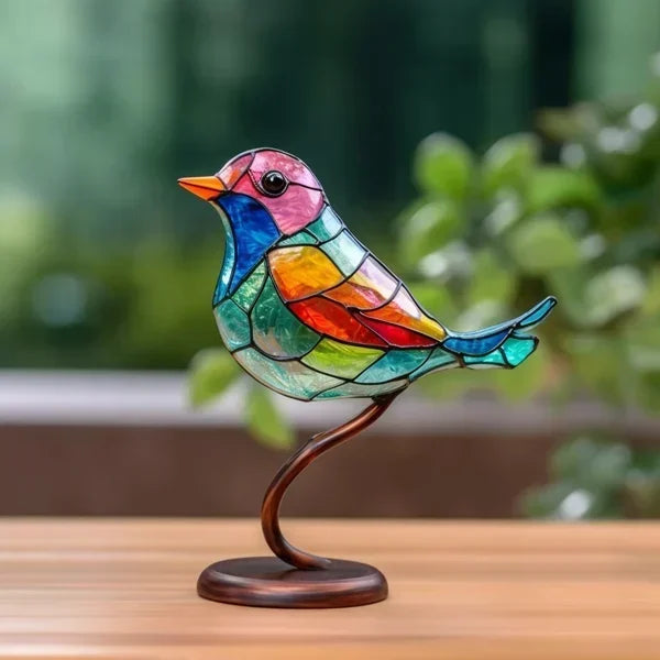 Bordlampe i farvet glas med fuglemotiv – håndlavet dekorativ bordbelysning