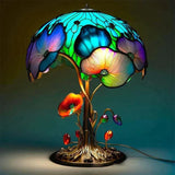 Bordlampe i farvet glas med blomster- og svampeform – dekorativ stemningslampe