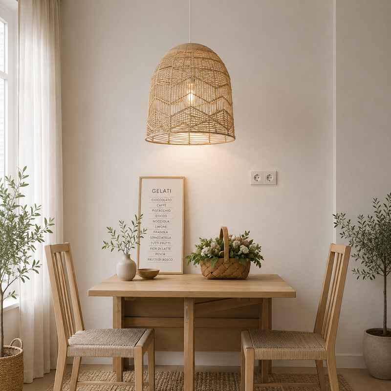 Rattanpendel med kurveform – vintage håndlavet rund hængelampe